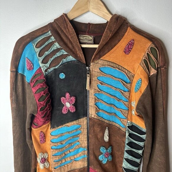 Kyber Outerwear Jacket Womens M Brown Fall Leaves Embroidered Hippie Lagenlook - Picture 2 of 10